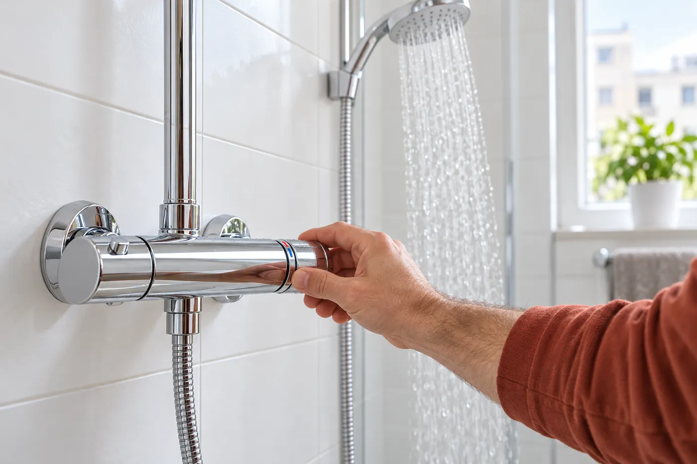 Réglage de la température d'un mitigeur thermostatique de douche chromé fraîchement posé